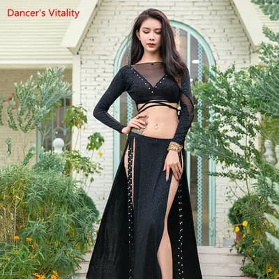 Costume de danse orientale, haut à manches longues, jupe fendue, vêtements d'entraînement, chemise é
