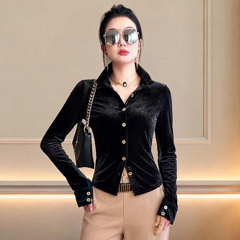 Chemises en velours noir pour femmes, collection automne-hiver 2026, nouveau cardigan boutonné de cr