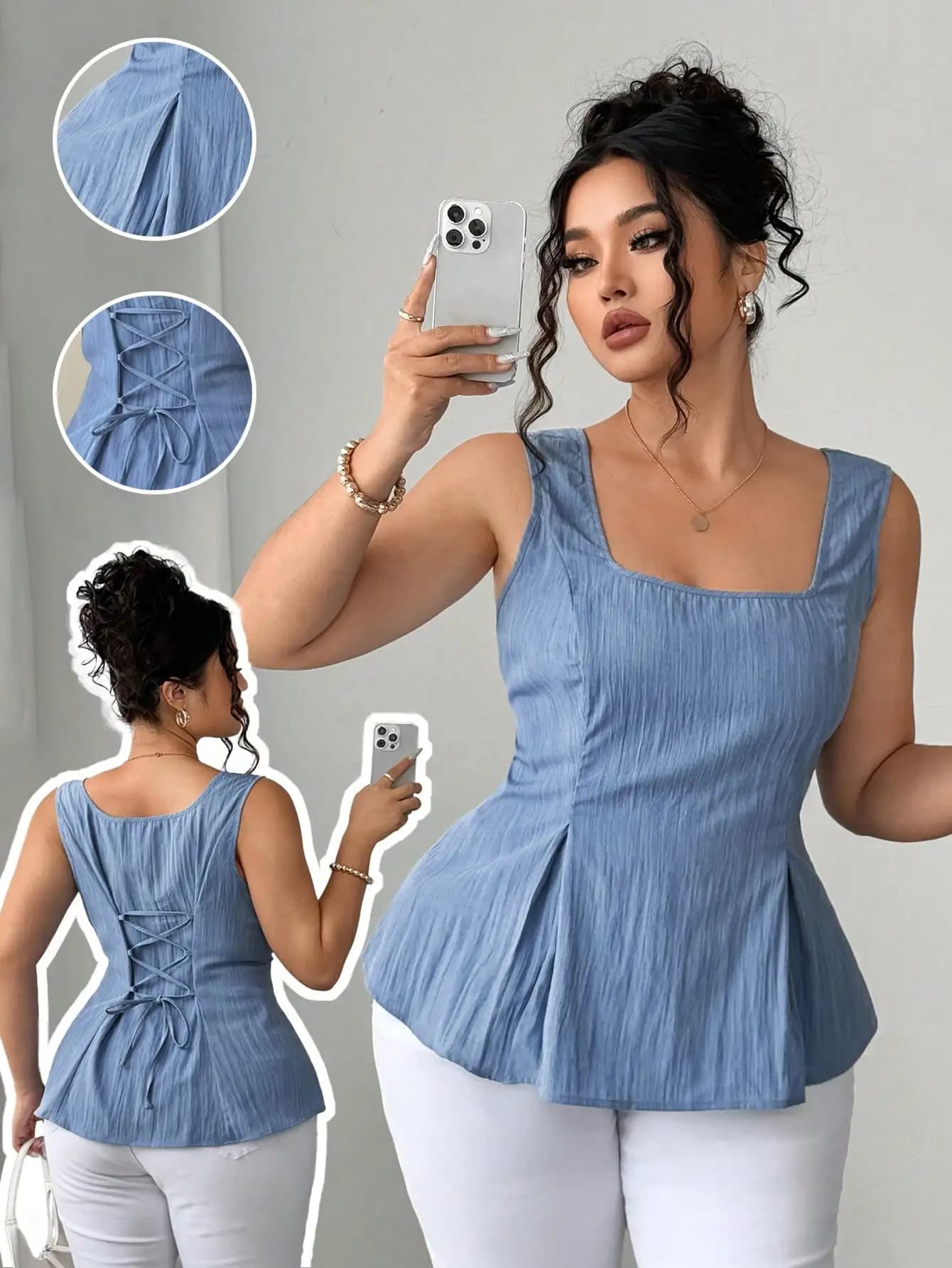 Haut peplum vert sauge à col carré pour femme – Blouse sans manches à taille froncée avec détail dos