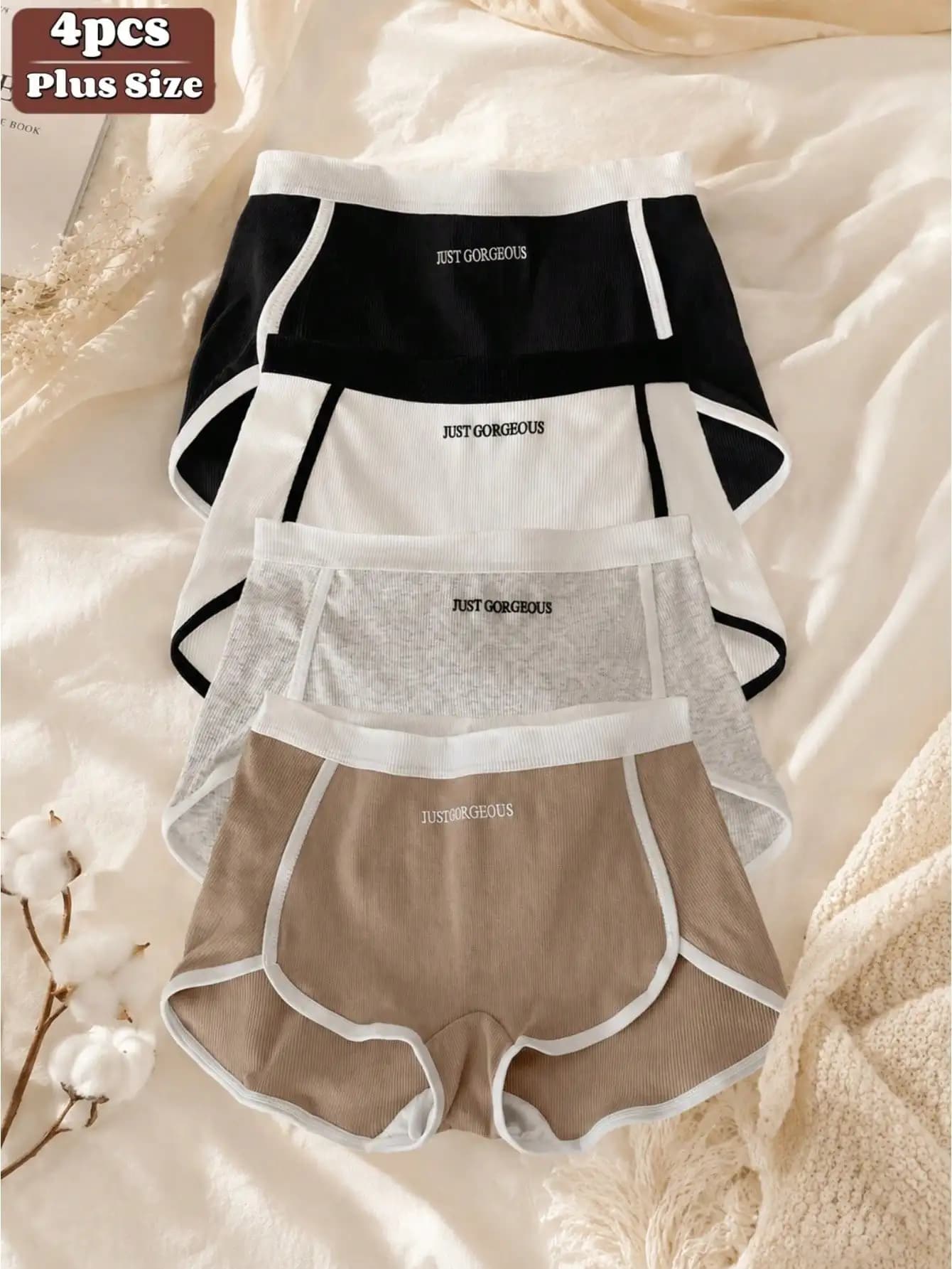 Lot de 4 culottes sportives grande taille pour femme, imprimé lettres color-block tendance, taille m