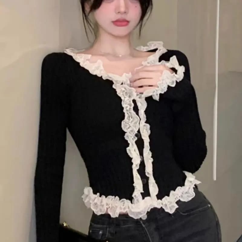 Cardigan court en dentelle épissée de style français pour filles, pull sexy, unique et unique, doux