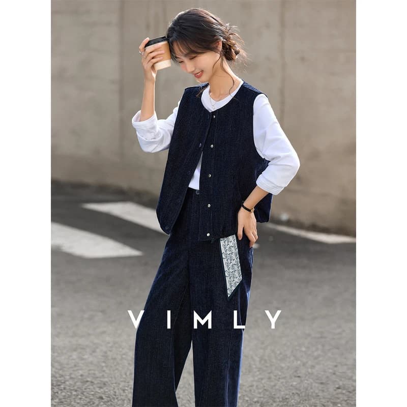 VIMLY Ensemble pantalon deux pièces bleu marine pour femme, tenue de bureau, texture velours, gilet