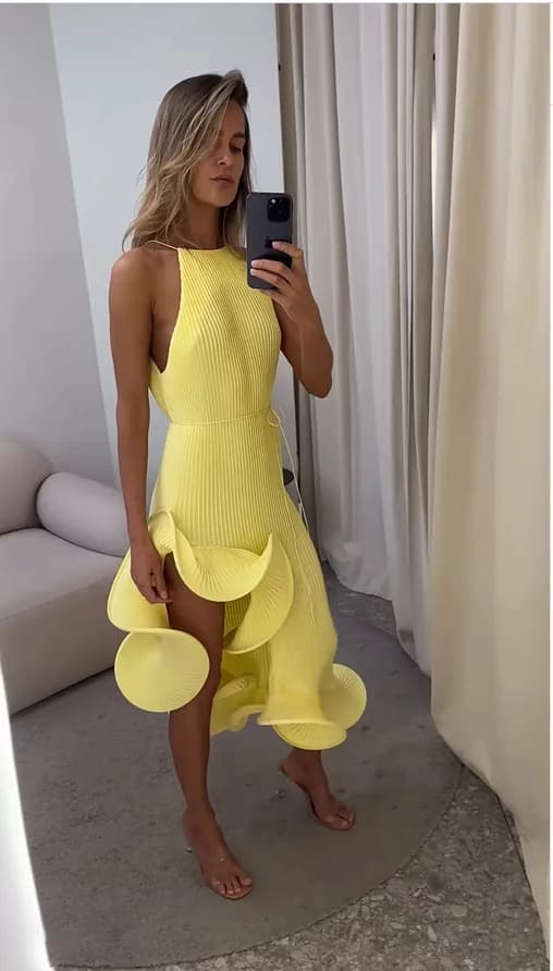 Robe courte à ourlet à volants pour femmes, col licou, sans manches, irrégulière, à lacets, Slip, ét