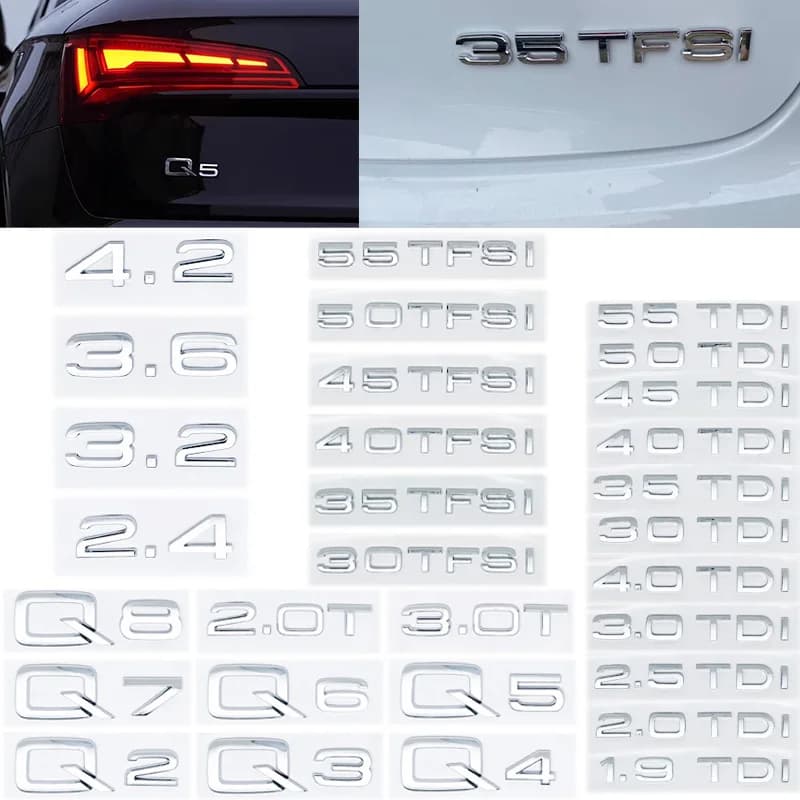 Autocollant de logo de coffre de voiture 3D pour Audi Q2 Q3 Q4 Q5 Q6 Q7 Q8 Modèles 1.9 2.0 2.5 3.0 4