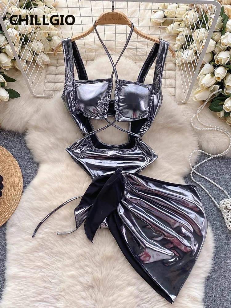 CHILLGIO femmes Sexy sensation métallique combinaisons jupes ensembles de vêtements creux pansement 
