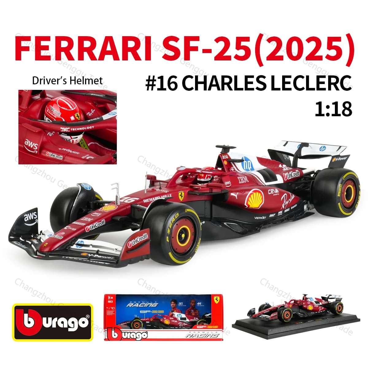 Bburago 1:18 Ferrari SF25 # 16 # Modèle de voiture de course de Formule 1 2025 en alliage moulé sous