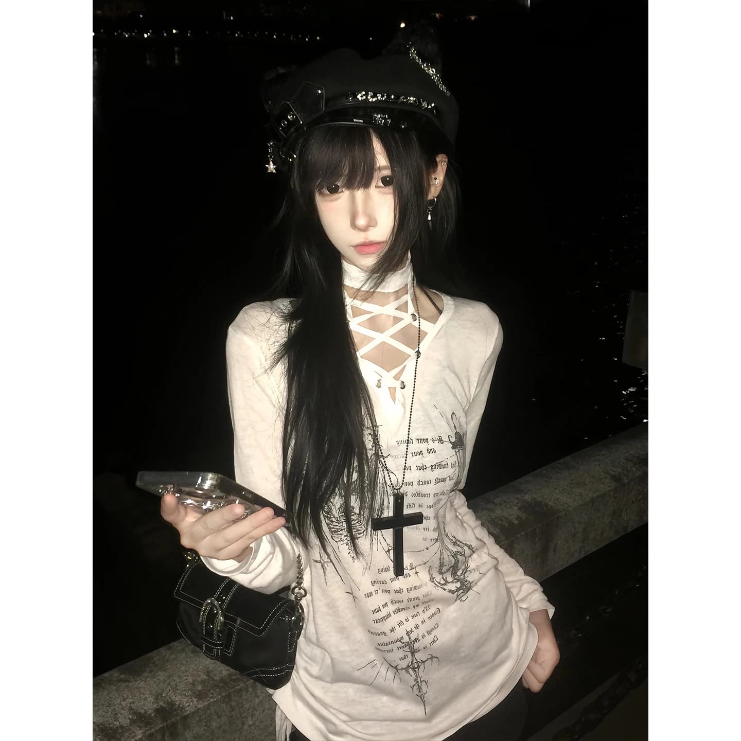 Seeslim Chic imprimé graphique t-shirts femme à lacets jeune 2000s vêtements Y2k à manches longues t