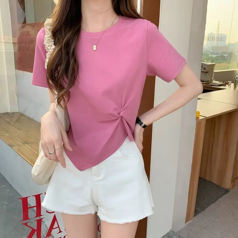 Nouveau T-shirt Femme 2026 Col Rond Coupe Irrégulière Manches Courtes Décontracté Slim pour Femme