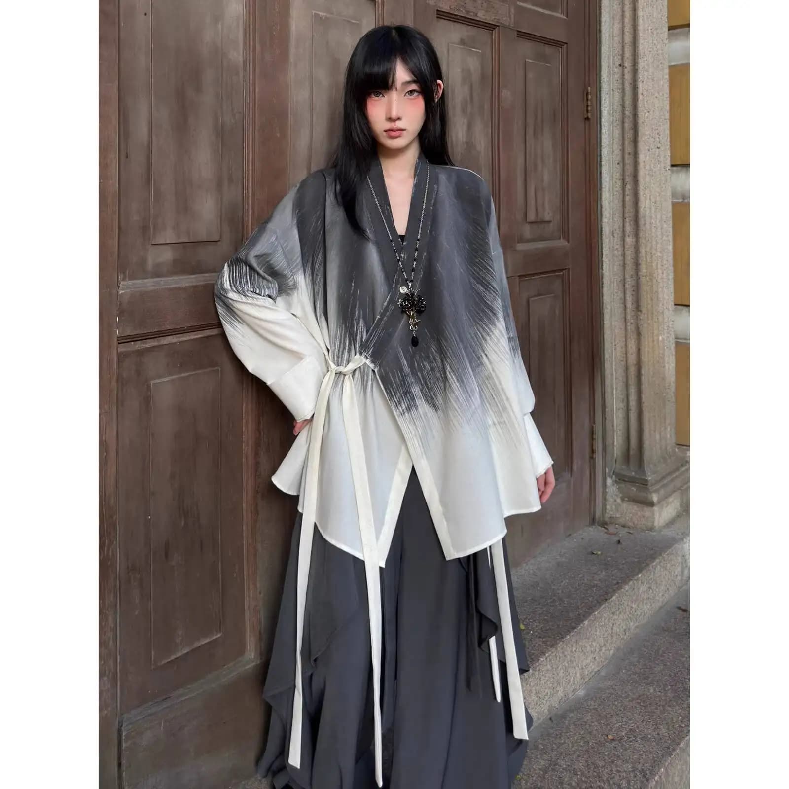 DEAT Fashion Tie Dye Waist Tie Shirt Chemisier ample à manches longues et col en V pour femme Printe