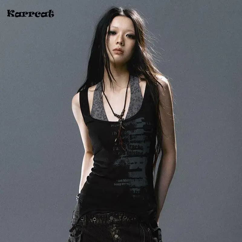 Karrcat Grunge Aesthetics Fake Two-piece Tank Top Trashy Y2k Lace Patchwork Camis Tops Vintage Gothi