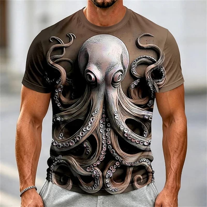 T-shirts imprimés en 3D pour hommes, design graphique rétro avec tentacules, col rond, manches court