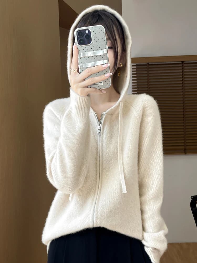 Pull à capuche en laine mérinos pour femme, pull à col zippé, tricots en cachemire, vêtements élégan