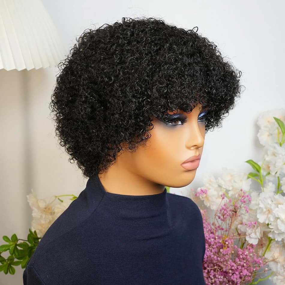 Afro crépus bouclés perruque de cheveux humains court Afro Bob pour les femmes noires avec frange pe