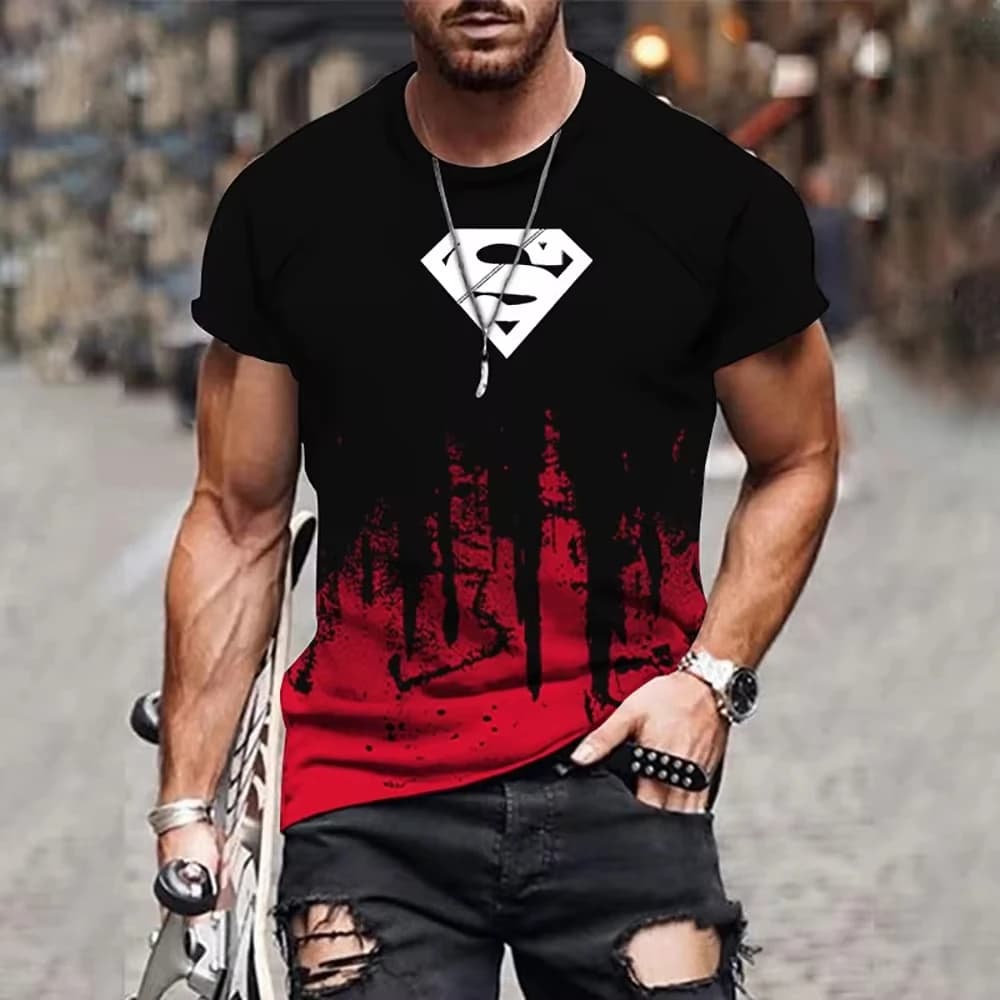 T-shirt d'été pour hommes, motif Superman, multicolore, col rond, mode streetwear, style masculin