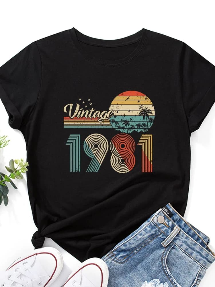 T-shirt manches courtes col rond femme, vintage, imprimé, 1981