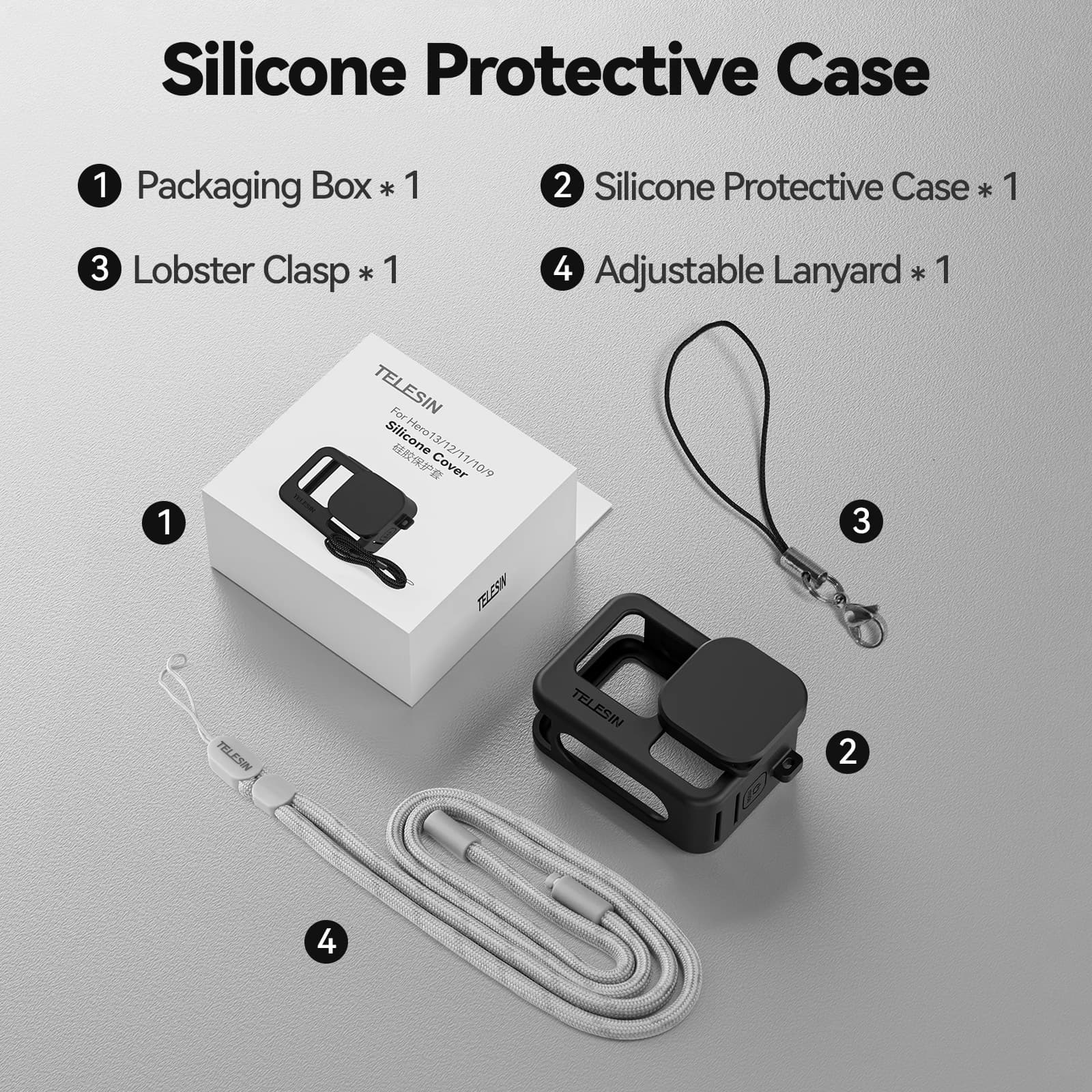 TELESIN étui de protection en Silicone pour GoPro 13 12 11 10 9 capuchon d'objectif noir main cou dr
