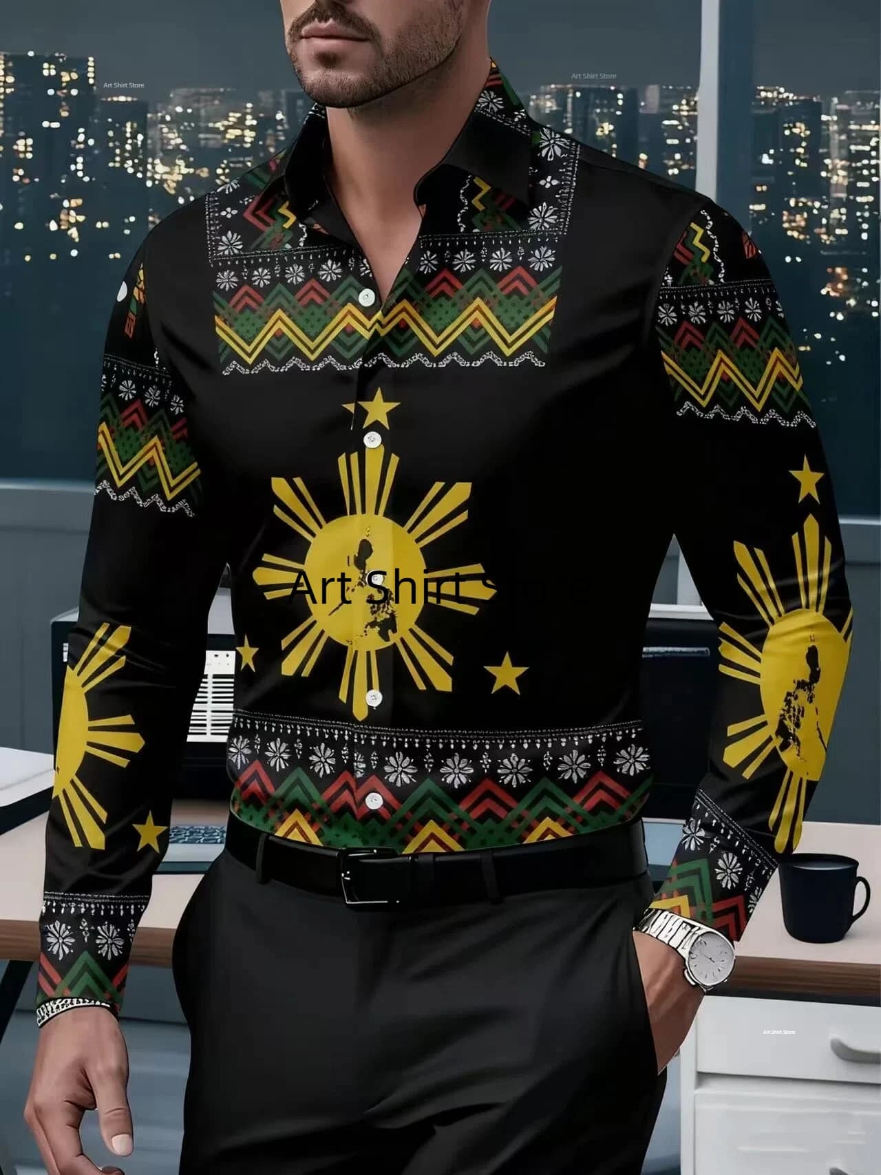 Chemise à manches longues pour hommes, décontractée, imprimée totem tribal, adaptée aux rassemblemen