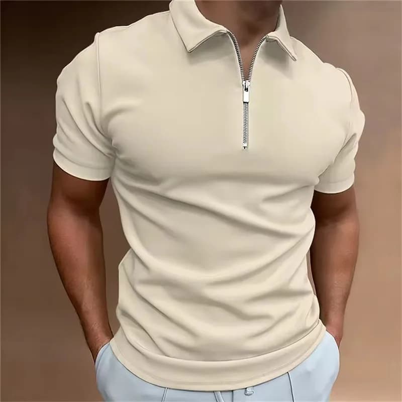 Mode hommes couleur unie fermetures éclair Polos T-Shirts été à manches courtes rue mâle noir POLO t