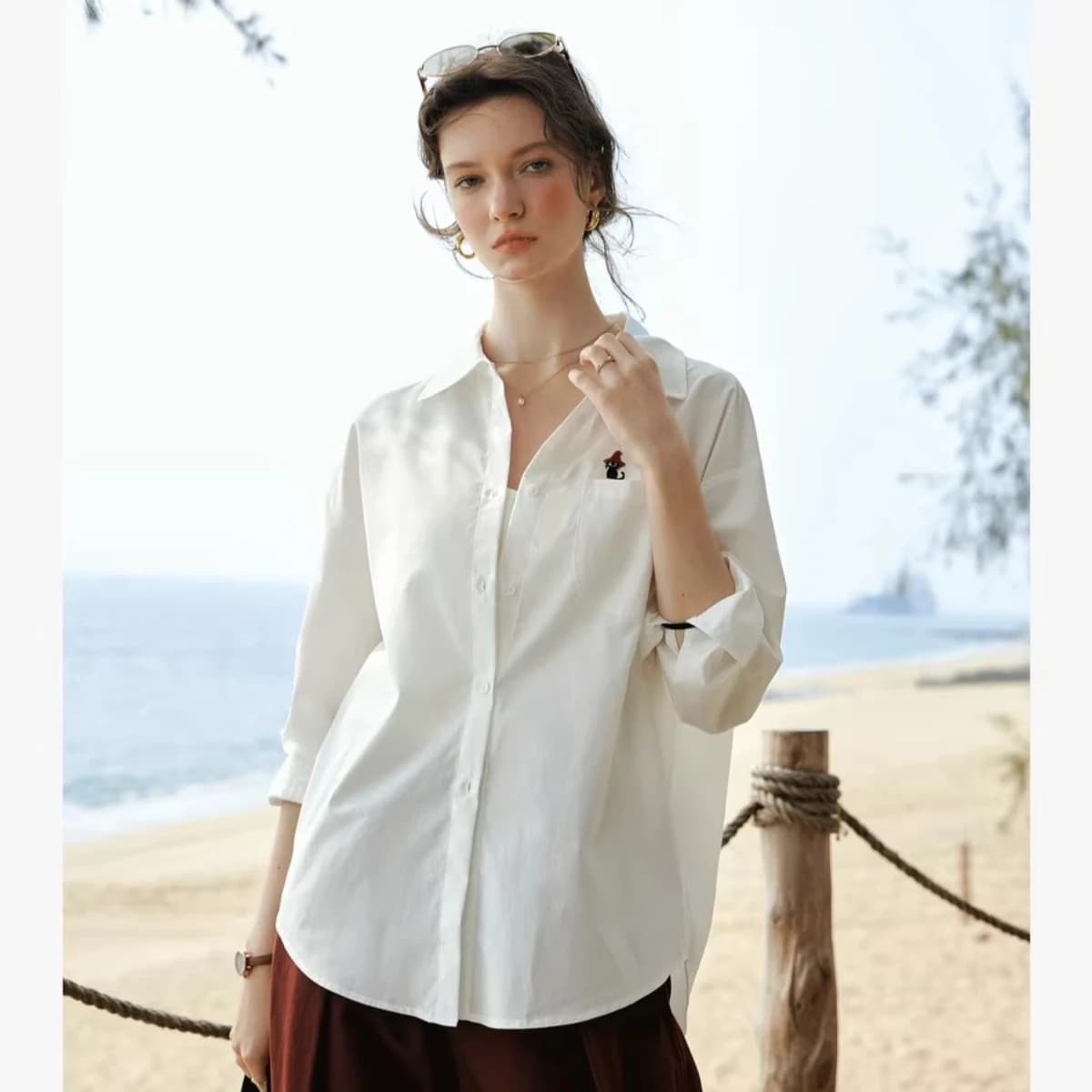 Chemisier décontracté OLrain pour femme, collection Printemps 2026, léger, broderie chat amusant, co