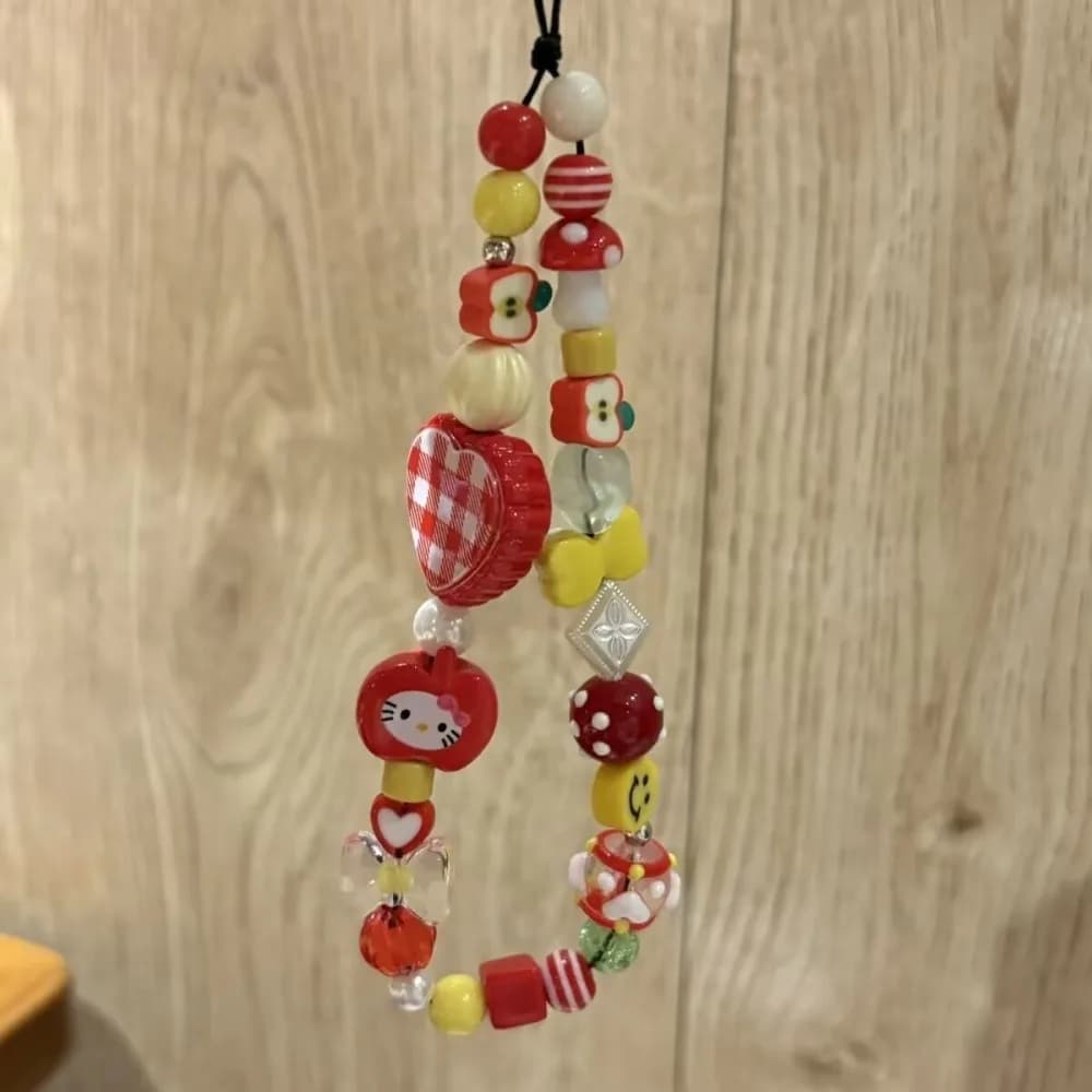 Chaîne de téléphone perlée iigen Kawaii Grid Love Heart Hello Kitty pour iPhone, pendentif mignon po