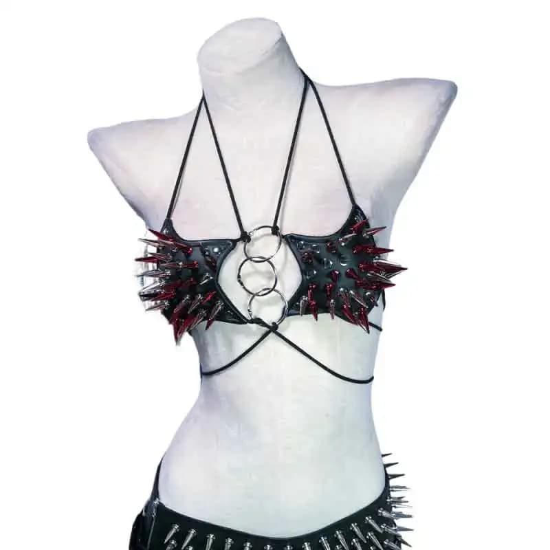 Vêtements Emo, Tenue de festival Grunge, T-shirt Goth avec pointes, Soutien-gorge Cyber à pointes, V