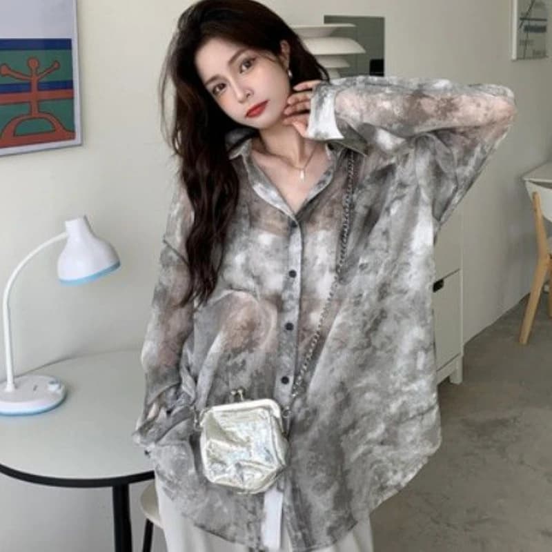 Tie Dye Chemises Femmes Lâche Crème Solaire Vintage D'été Respirant Élégant Mode Femme Mince Décontr