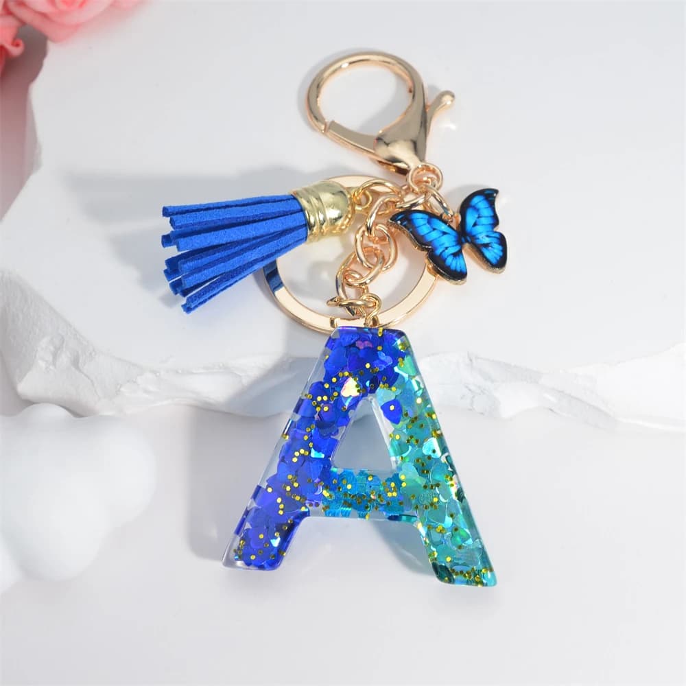 26 lettres de l'alphabet anglais glands porte-clés cristal acrylique papillon pendentif porte-clés f
