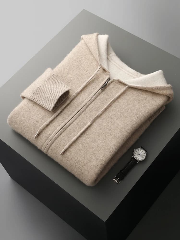 Pull en cachemire pour hommes, Cardigan 100% laine mérinos, sweat à capuche, fermeture éclair épaiss