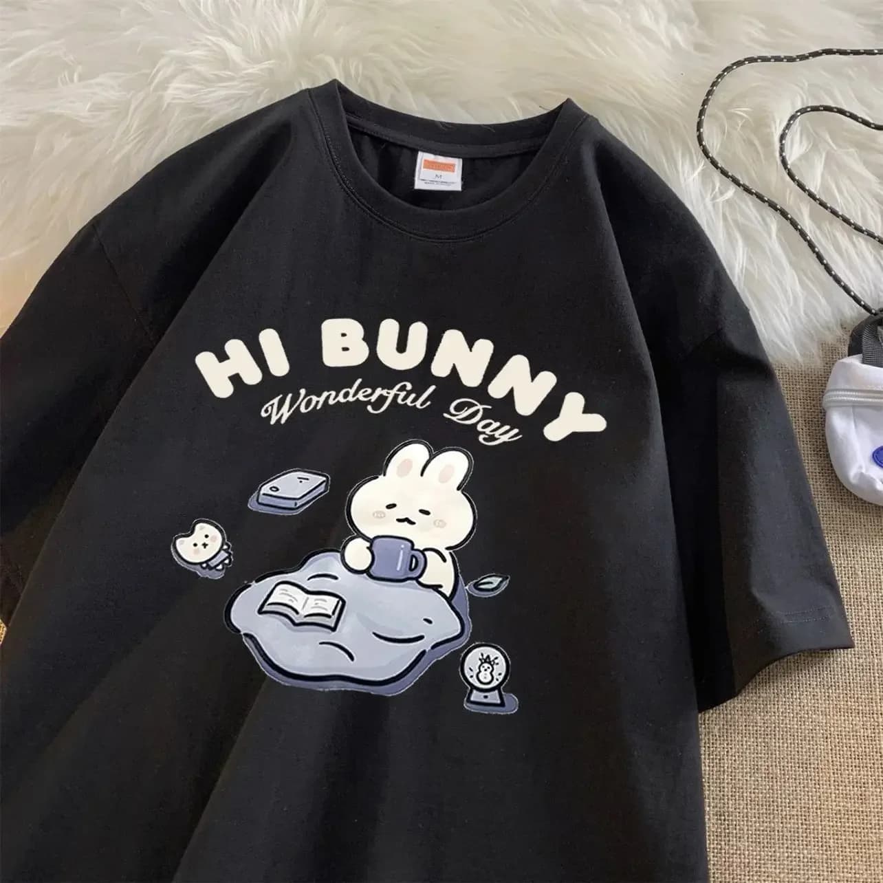 T-shirt à manches courtes pour femmes avec imprimé Cartoon Hi Bunny, chemise à manches courtes pour