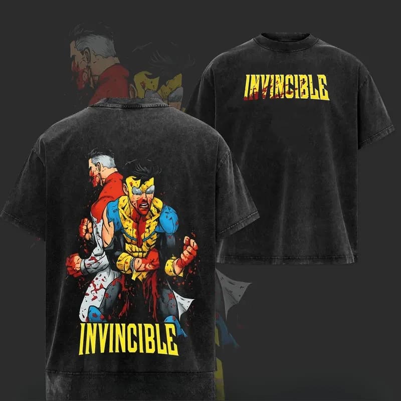 T-shirt Anime Invincible Mark Grayson Omni Man pour hommes et femmes, en coton lavé, style rétro, su