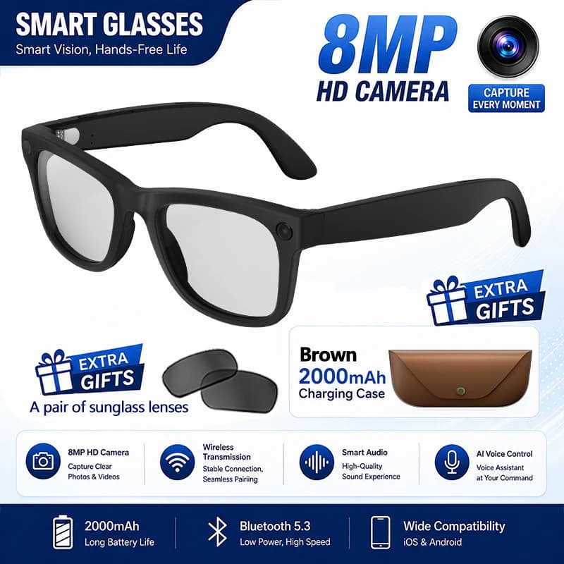 Lunettes Intelligentes IA 2026 avec Assistant Vocal IA, Caméra HD 800W, Bluetooth 5.3, Traducteur IA