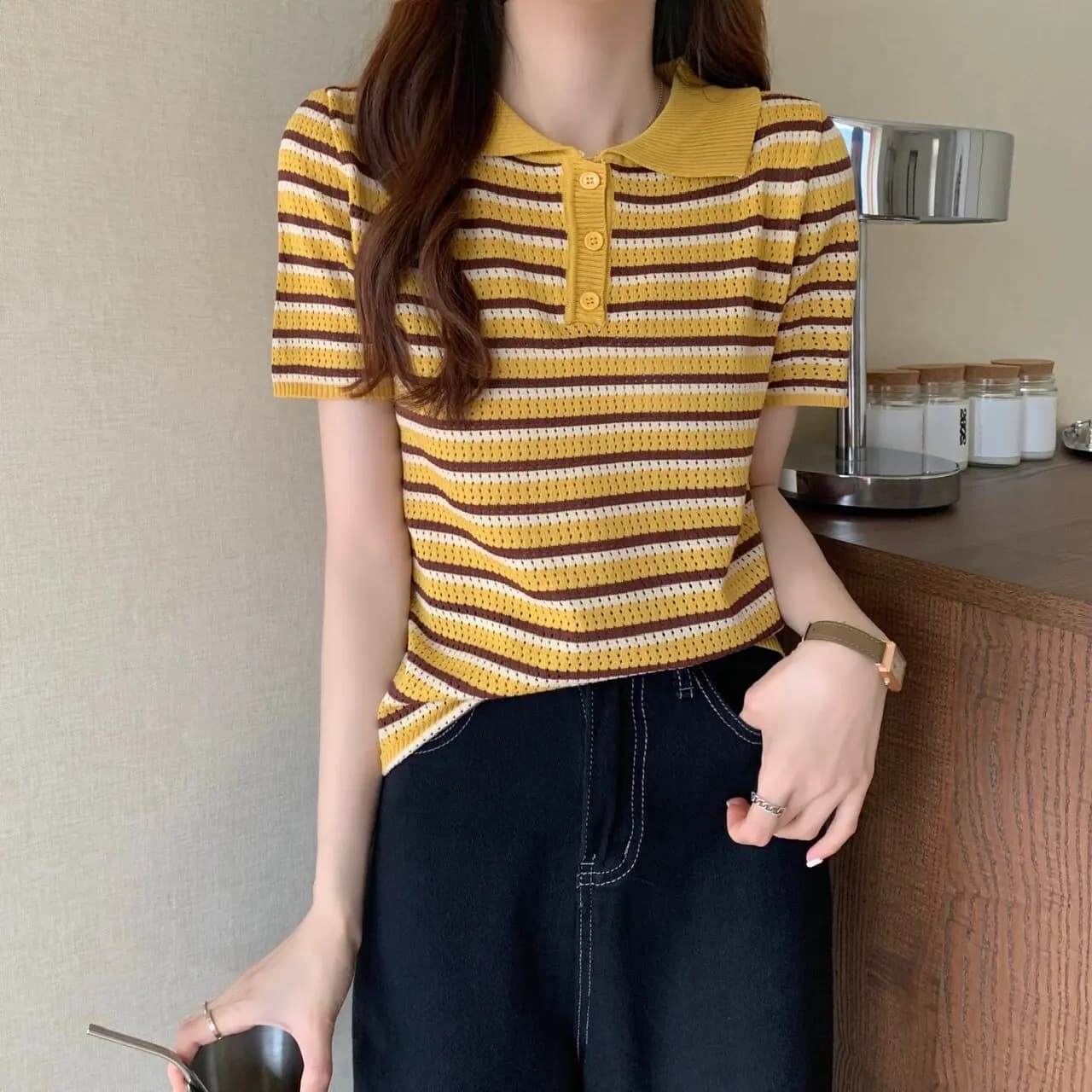 Polo en maille pointelle rayé à manches courtes pour femme avec col boutonné, style preppy d'écolièr