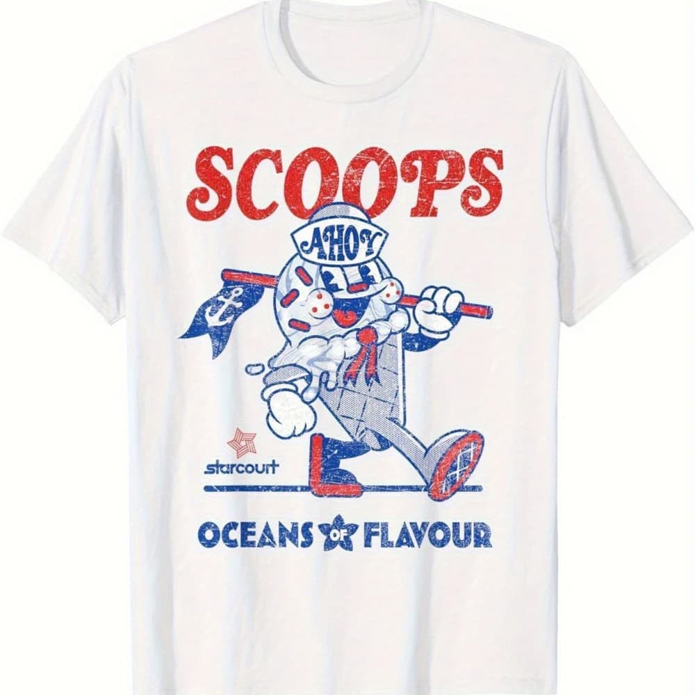 T-shirt mascotte de crème glacée rétro Scoops Ahoy, un personnage de dessin animé rétro avec le logo