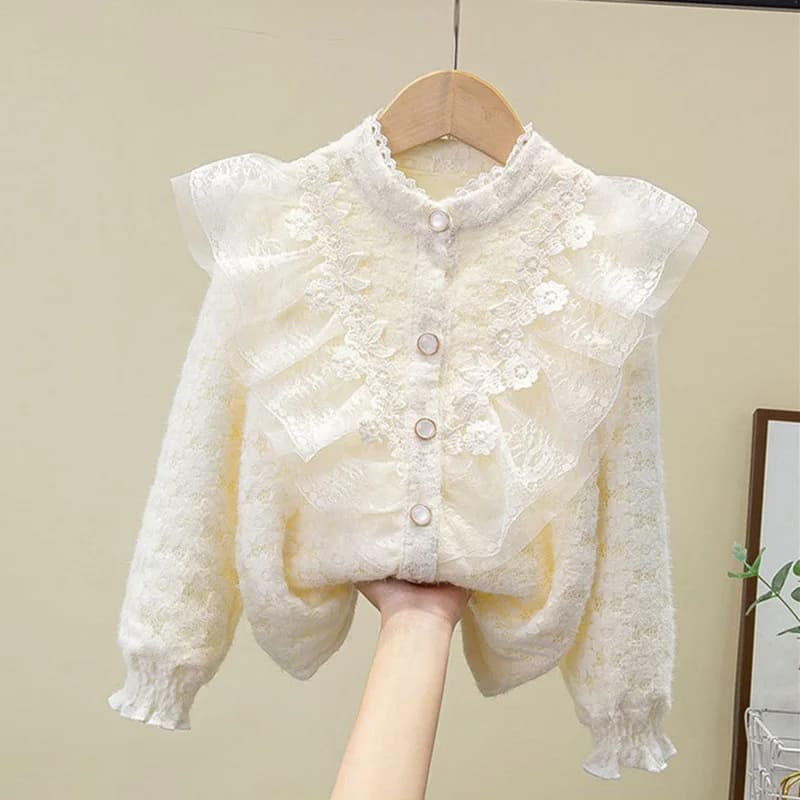 Printemps automne enfants vêtements adolescentes volants dentelle Blouse blanc à manches longues fil