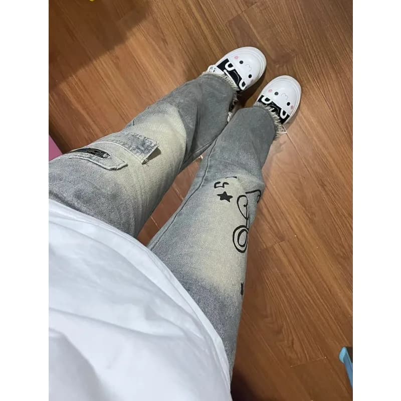 Jean imprimé Note de sous-culture japonaise, pantalon Cargo rétro de rue Harajuku à jambes larges po