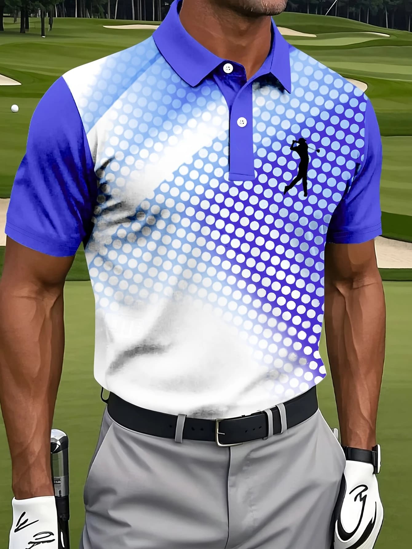 Polo de golf pour homme avec un motif dégradé bleu et blanc élégant, idéal pour les activités de ple