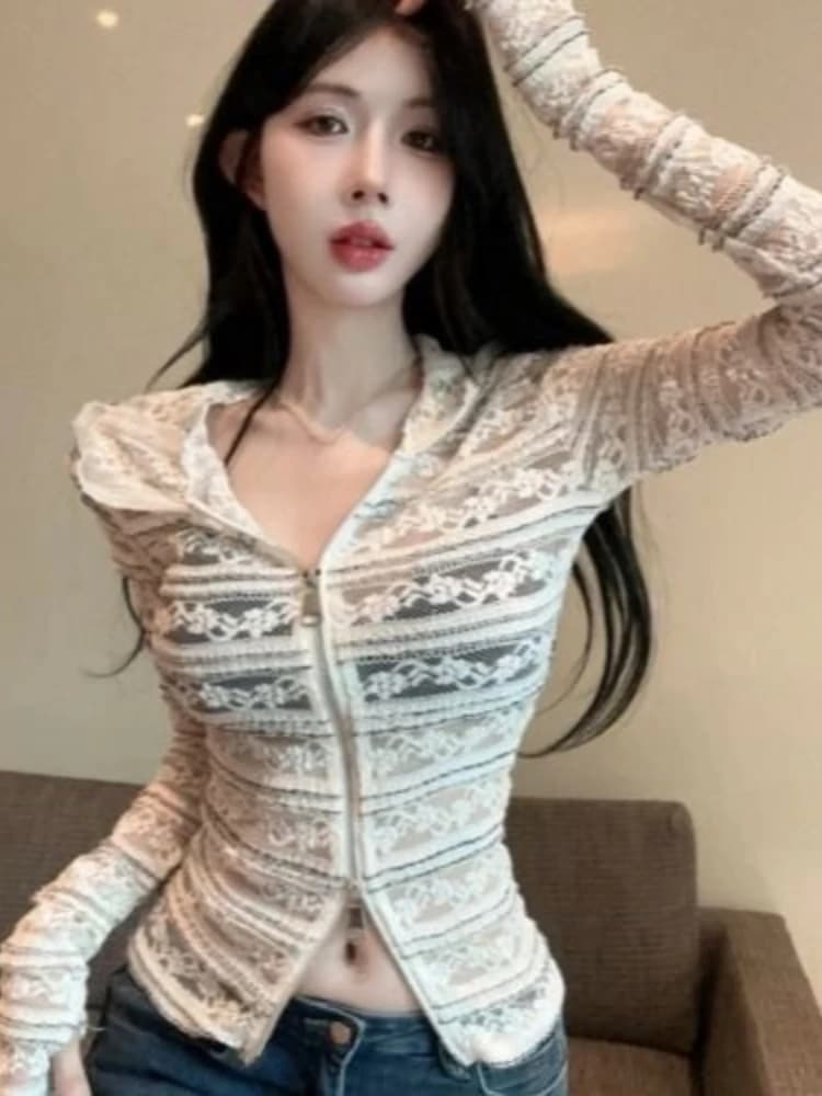 Chemisiers à capuche en dentelle jacquard tendance 2026 Blusas Mujer De Moda Fermetures éclair doubl