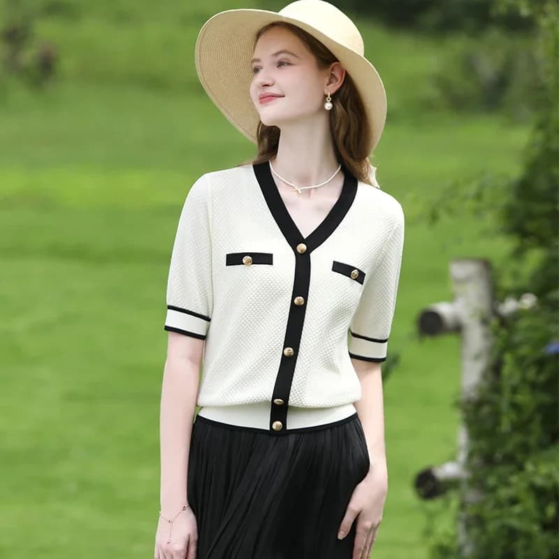 Je crois que vous femmes françaises été tricots petit parfum Style col en v à manches courtes Blouse