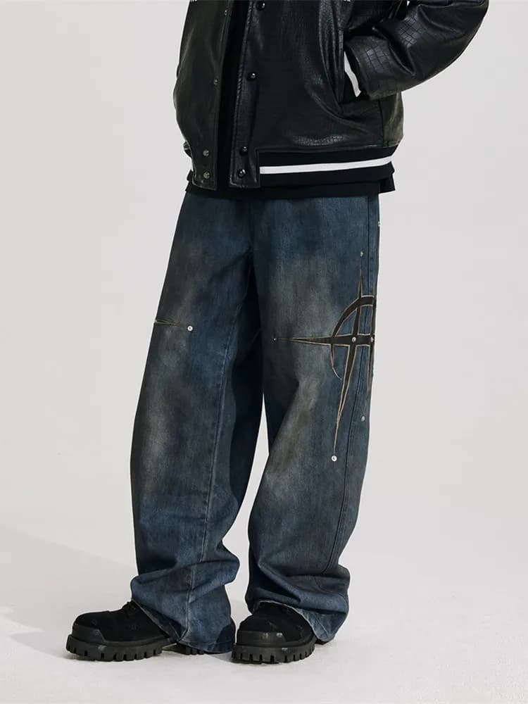 2025 Trashy Y2K Streetwear Pu cuir broderie Baggy empilé jean pantalon hommes vêtements lavé bleu dr