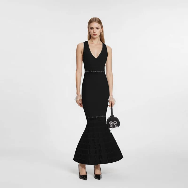 Robe en maille brodée élégante GVUW pour femme, col en V, sans manches, taille haute, coupe ajustée,