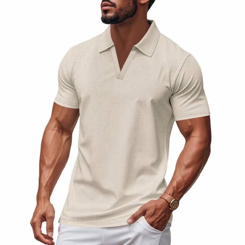 T-shirt Homme Slim Fit Style Américain Décontracté Col Henley Manches Courtes Élastique Col en V Hau