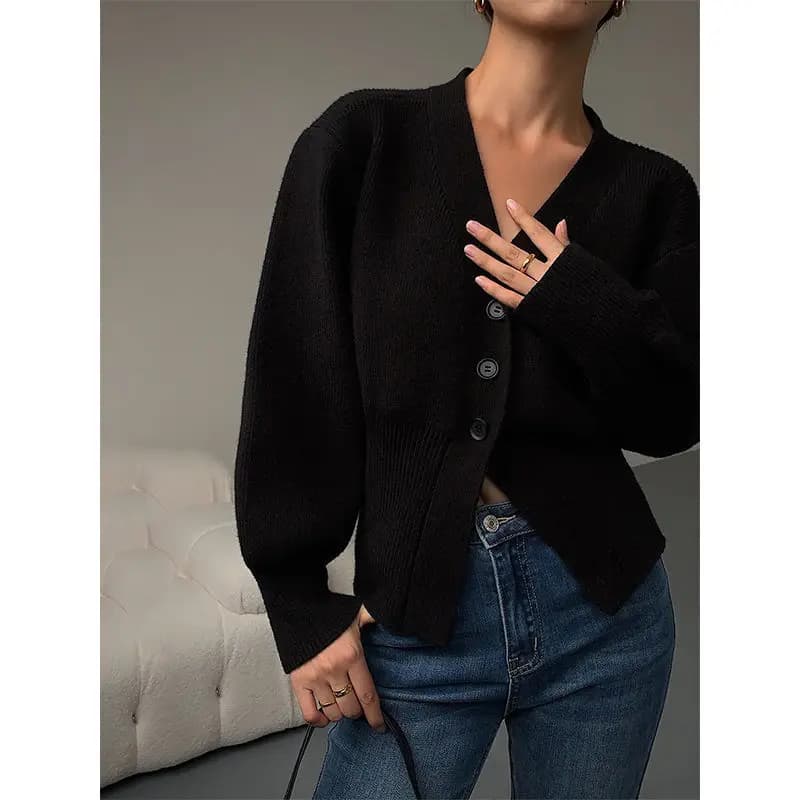 Cardigans à Manches Lanternes pour Femme, Col en V, Pull Chic, Élégant, Style Coréen, Crop Knitwear,