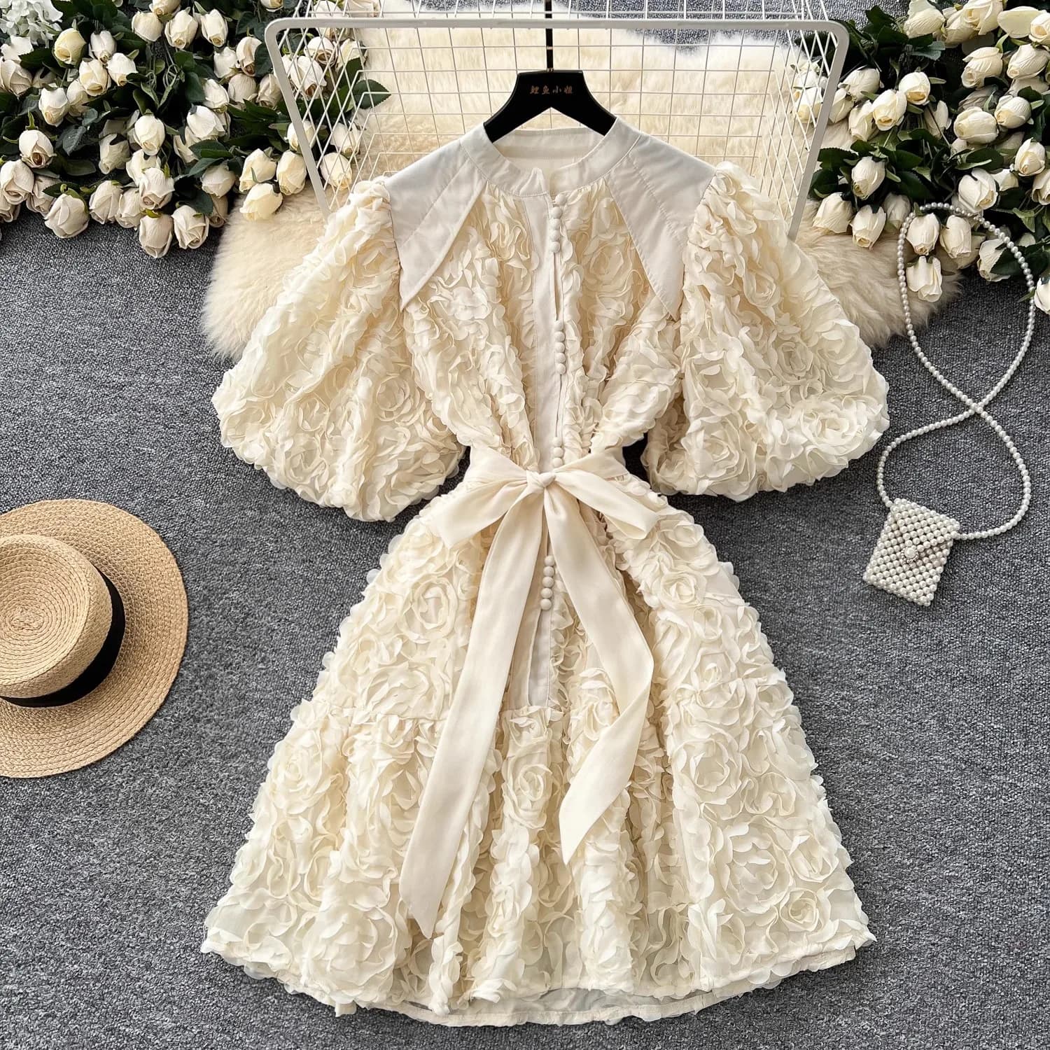 Robe de soirée formelle de luxe à fleurs 3D pour femmes, simple boutonnage, manches lanternes, ceint