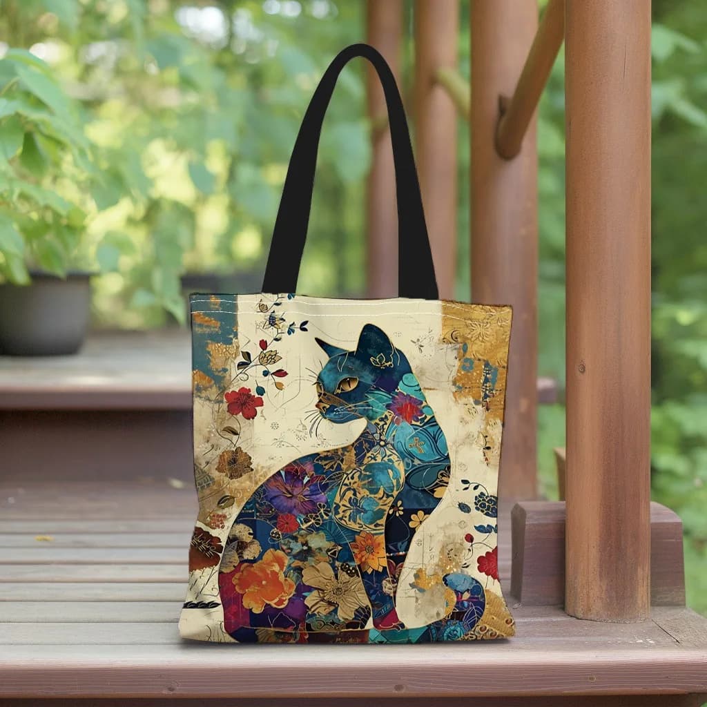 Sac fourre-tout à motif de chat floral, sac à bandoulière d'école en toile esthétique, sac d'épiceri