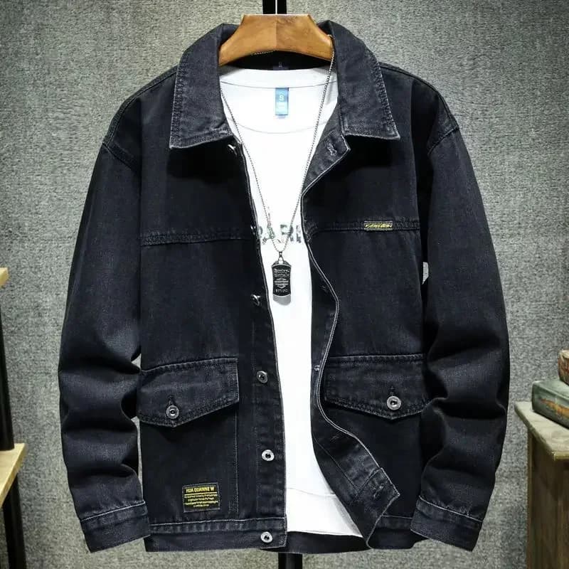 Vestes en jean cargo pour hommes, manteau en jean noir, vêtements à bas prix, tissu à bord, designer