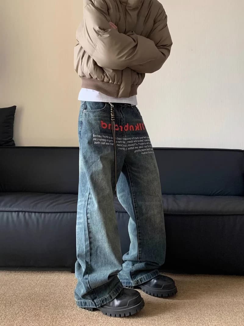 Jean rétro américain pour hommes, Streetwear avec lettres imprimées, pantalon droit ample, délavé, t
