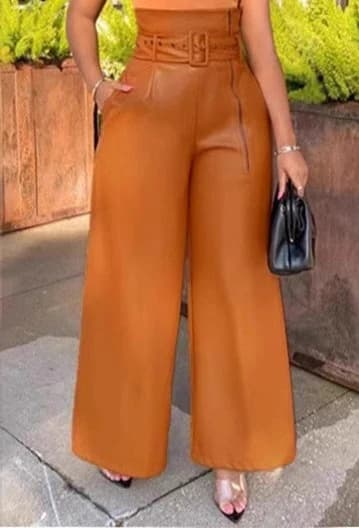 Pantalon large noir en similicuir PU taille haute pour femme – Vente en gros – Style décontracté et