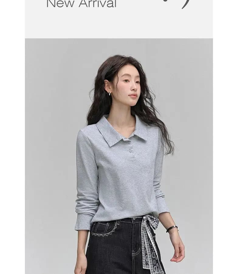T-shirt polo à manches longues pour femme, couleur unie, décontracté, basique, coupe ajustée, pour l