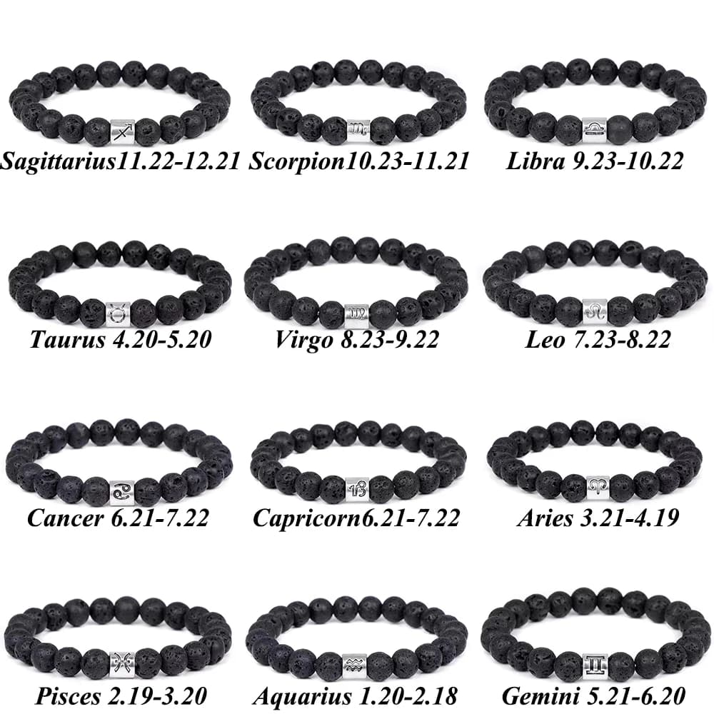 Bracelet signe du zodiaque 12 Constellations, verre noir, perle de pierre d'oeil de tigre de lave, b
