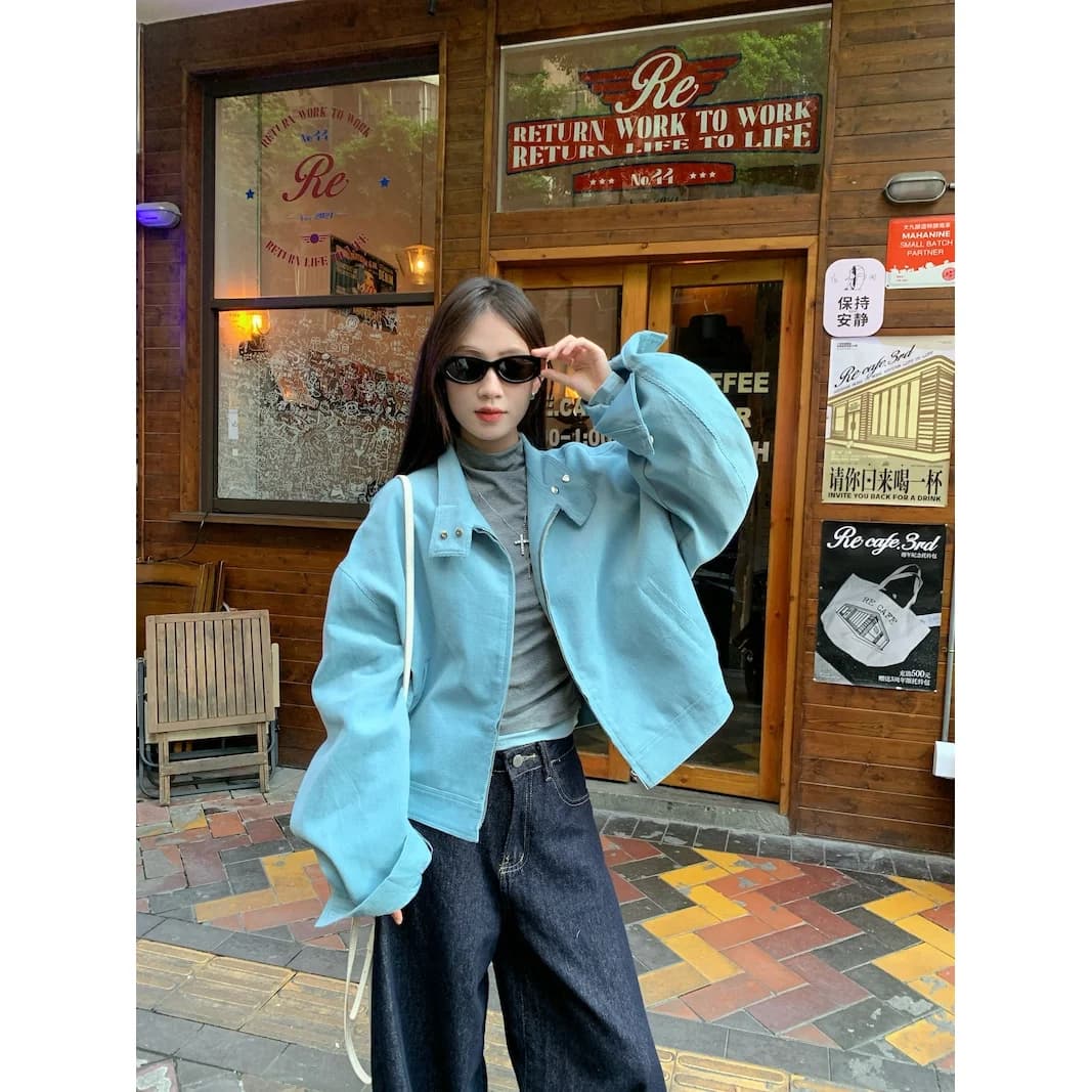Flykcoozooi bleu velours côtelé manteau court femmes vêtements automne/hiver nouveau élégant banlieu